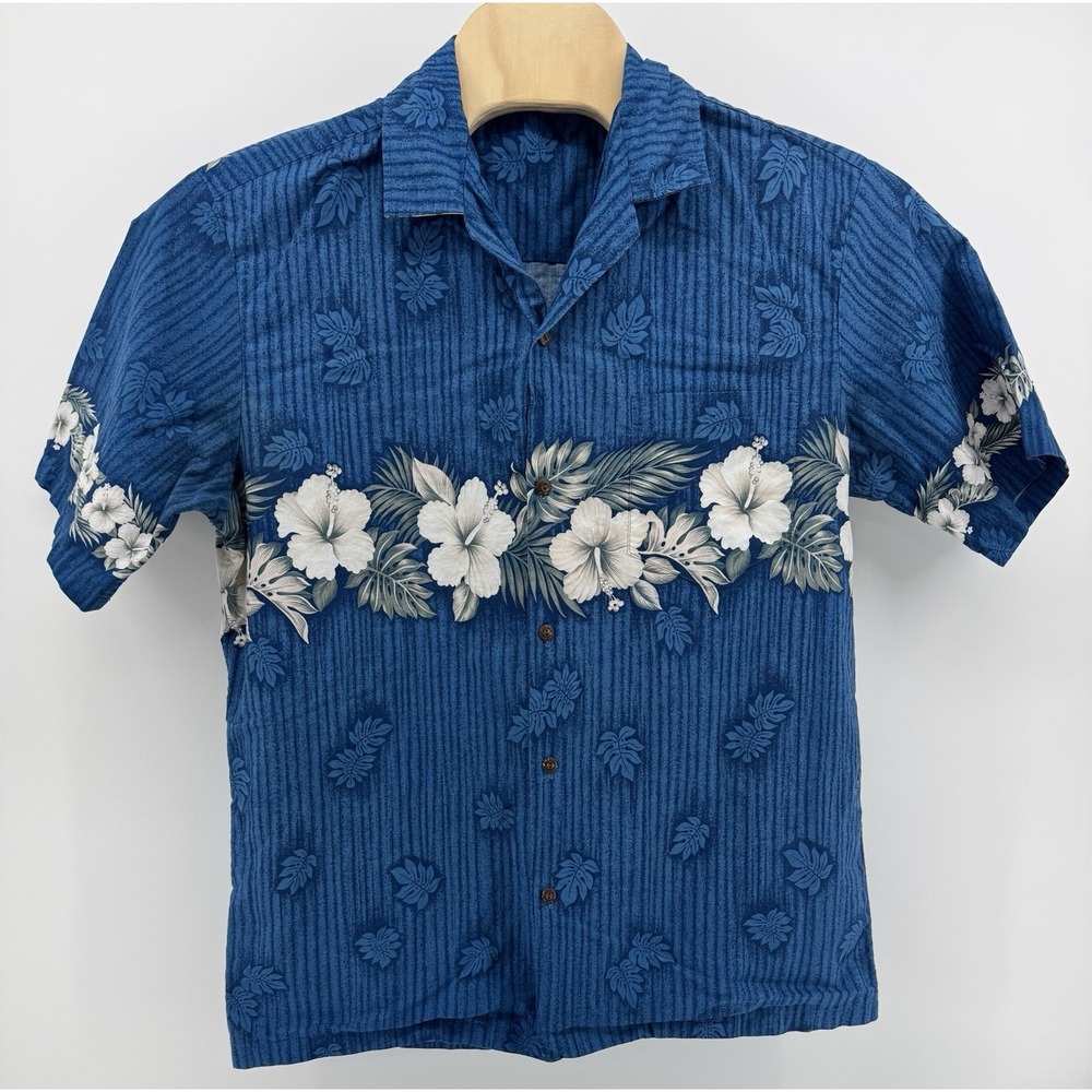 Hawaiian Shirt Men's Size L / XL Cotton Blue Floral Tropical Aloha Relaxed Fit